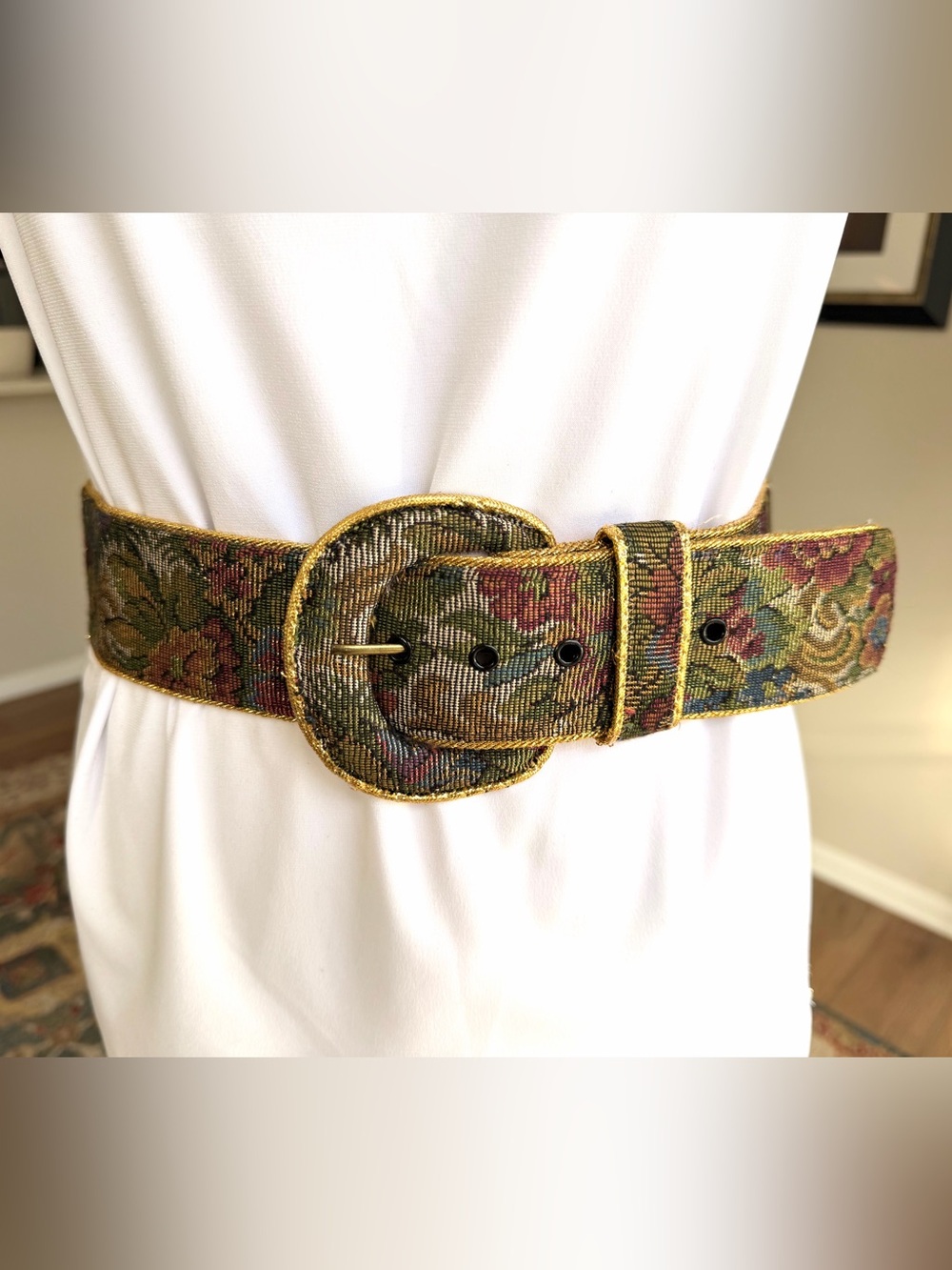 Vintage Floral Tapestry Wide Belt M/L Gold Trim Statement Waist Belt